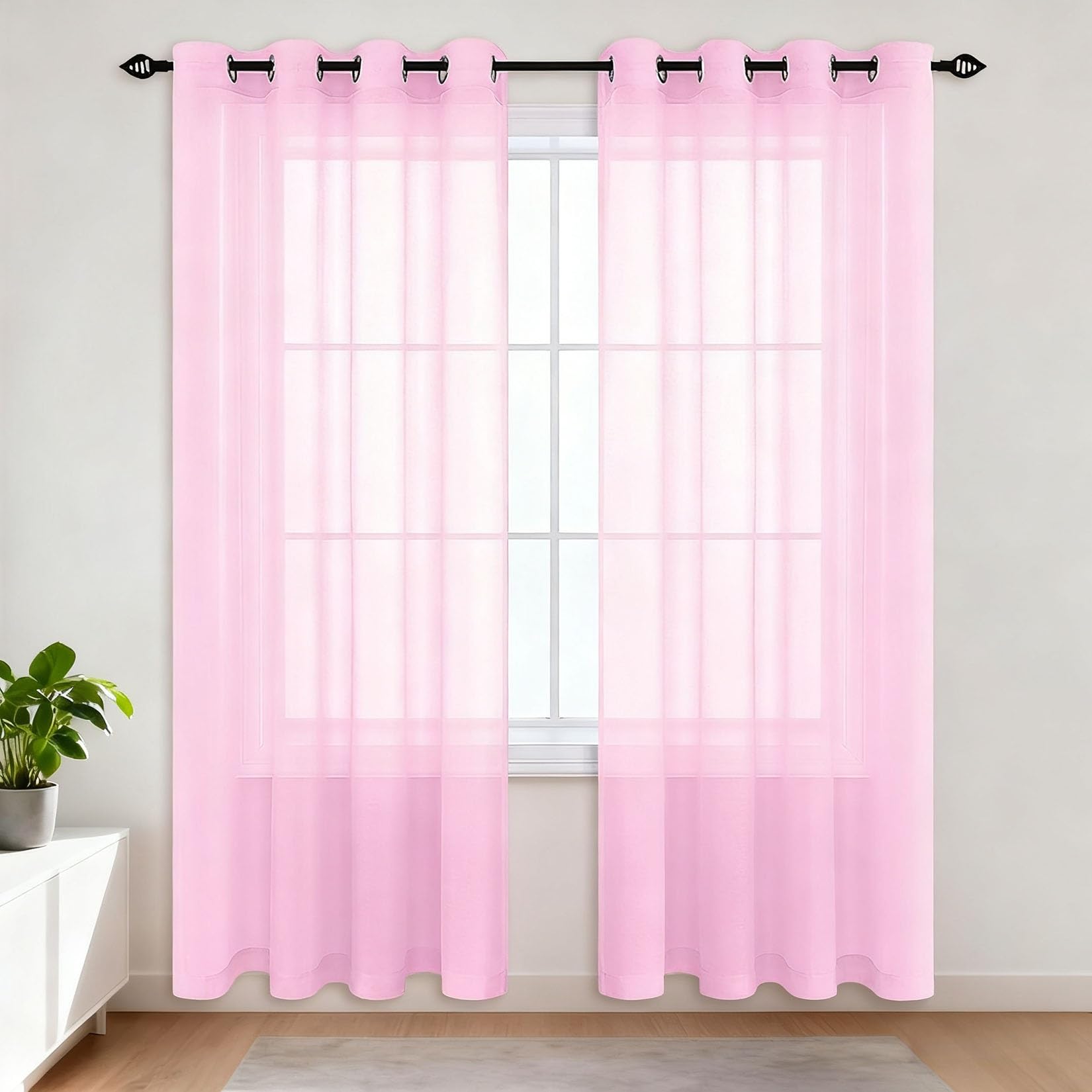 Ösenvorhang 180 x 250 cm Halbtransparent, Transparent Luftig, Einfache Montage, Weich Und Langlebig, Waschbare, mit Kräuselband Kurze Vorhänge für Esszimmer, Heimbüro, Rosa