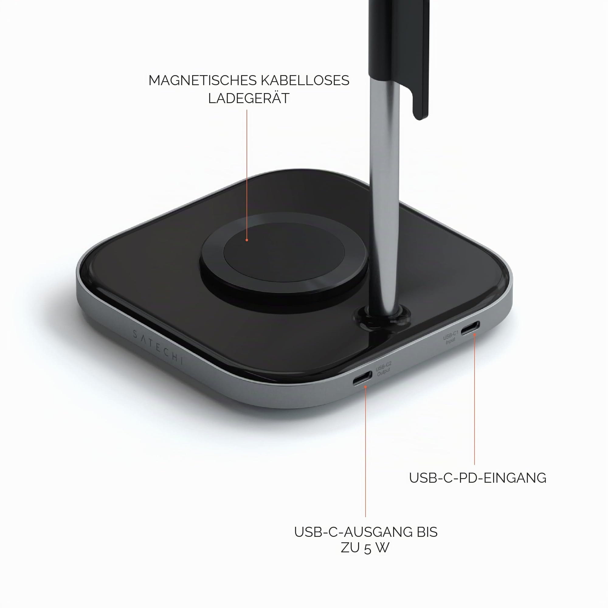 SATECHI 2-in-1 Kopfhörerständer mit kabellosem Ladegerät, USB-C Ausgang und magnetischem kabellosem Ladegerät, für iPhone 17, 16, 15 bis 12 Serie, Airpods Pro und andere Qi-fähige Geräte