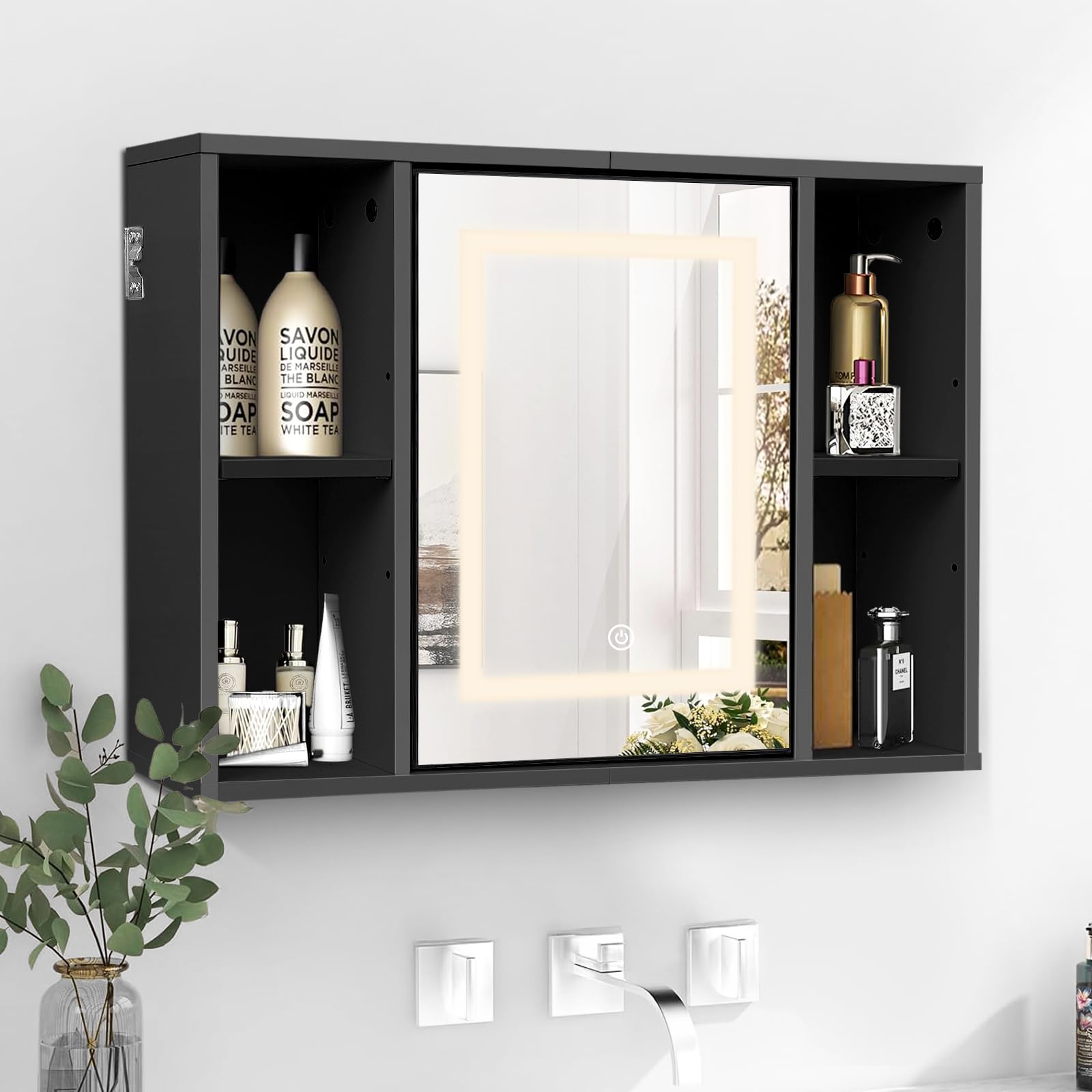 FURRIFIC Espejo para Baño con Luz Led, Espejo de Pared Regulable y con 3 Temperaturas de Color, Gabinete para Baño,Armario de Pared 40 x 60 CM Armario de Almacenamiento, Negro - negro