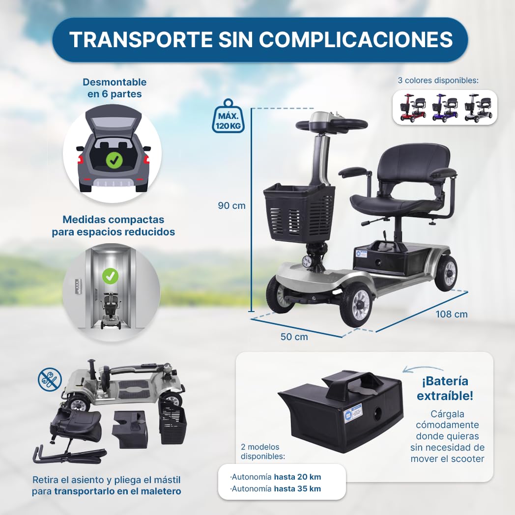 Scooter de Movilidad Desmontable para Mayores Minusválidos Batería Extraíble 4 Ruedas MUY COMPACTO 120 Kg Dortomedical®