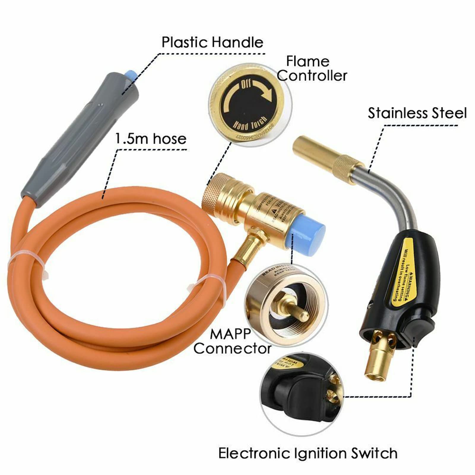 Kit de soplete de soldadura de autoencendido con llama ajustable 360 grados de punta giratoria de alta presión para soldadura, fontanería, reparación de refrigeración