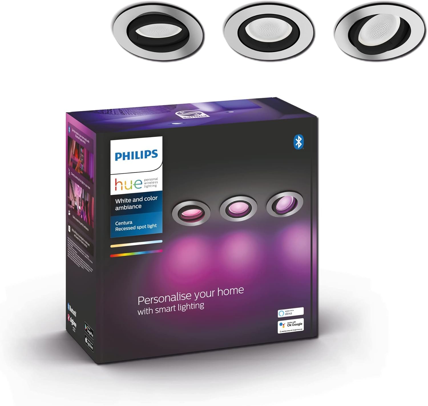 Philips Hue - Foco Inteligente Empotrable Hue Centura 5.7W, 350 lm, Luz Blanca y de Colores, compatible con Alexa y Google Home - Aluminio, Pack de 3 [Clase de eficiencia energética G]