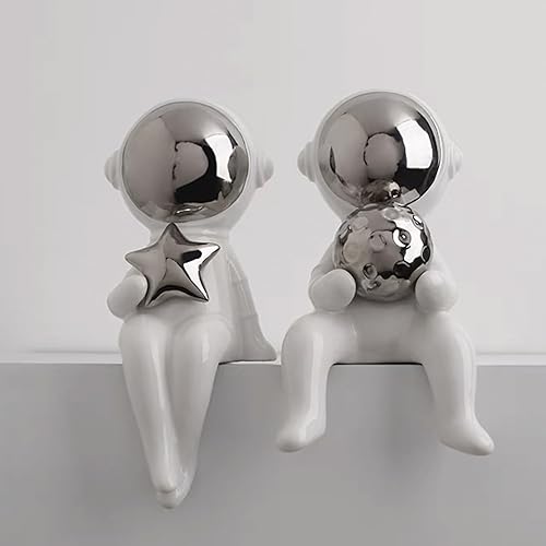 Miniatura 3 de Linxia Estatuilla decorativa de astronauta de cerámica para decoración del hogar, escultura coleccionable de astronautas de plata brillante, juego