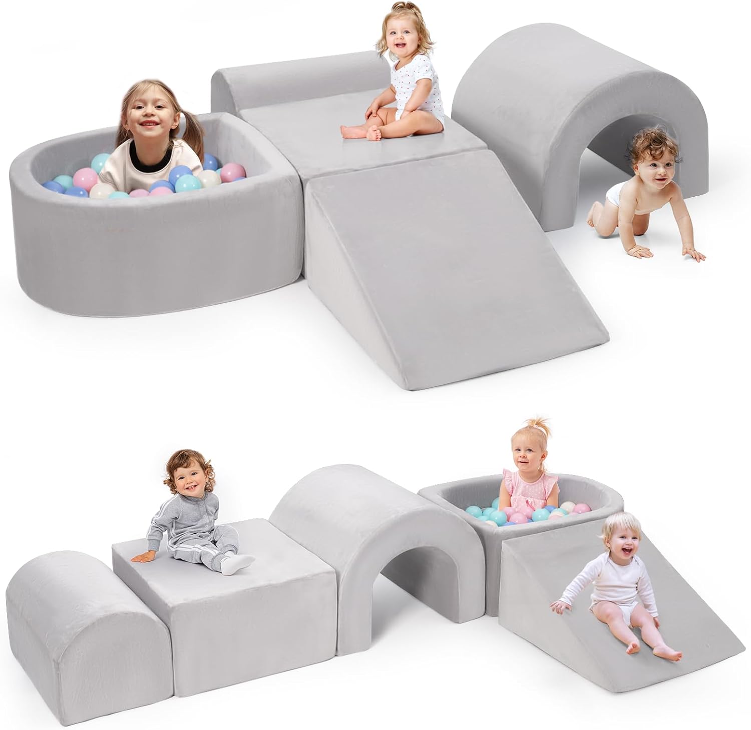 Foam Climbing Blocks for Toddlers, 5-Piece Tunnel Climber and Crawl Playset, Indoor Activity Play with Ball Pit, Machine Washable Velvet Cover, Soft Climbing Toy for Kids 1-3 (Gray) Enlarged 5 Pieces-with Tunnel-Gray