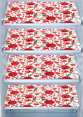 Image of Combo Set of 1 Pc Fridge Top Cover with 6 Utility Pockets And 4 Pc Fridge Mats (Red, Set of 5) (1FC4FM-ROSEFLW-RED)