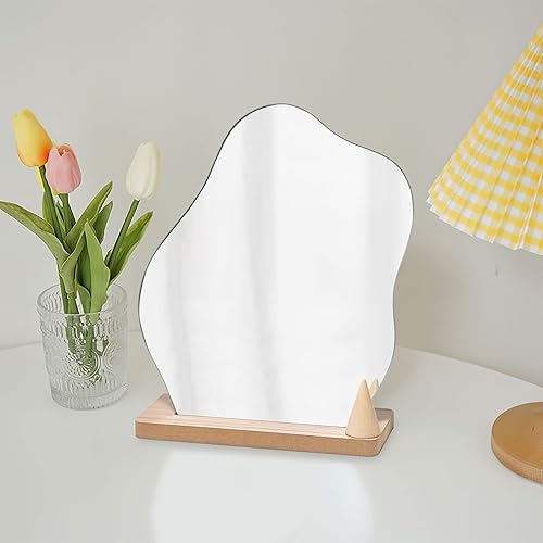 Natsukage Espejo de maquillaje de vidrio para escritorio con ángulo de soporte, espejo de tocador con soporte de anillo, mesa estética, espejo de