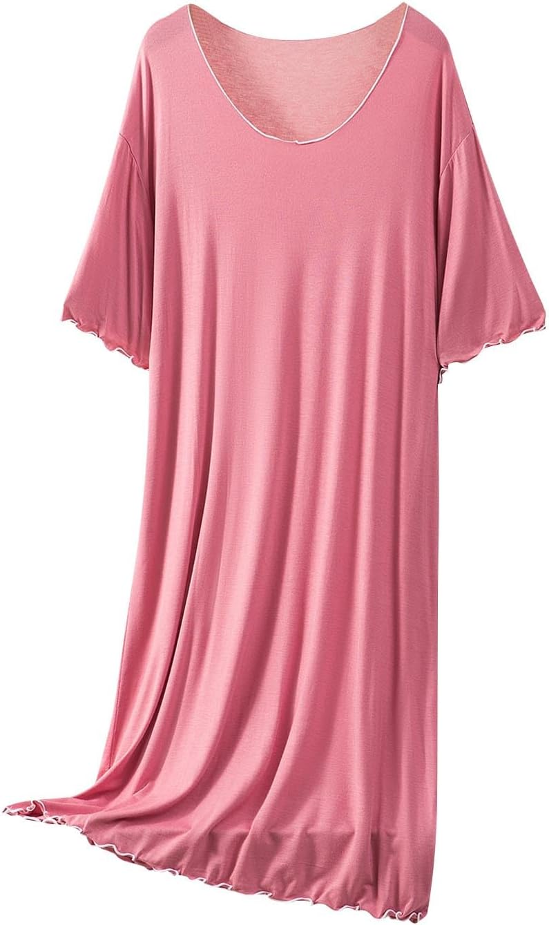 Womens Modal Pajama Dress Casual Crewneck Short Sleeve Nightgown Lightweight Soft Comfy Loose Sleepwear Nightdress
