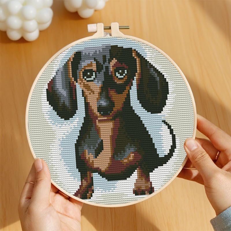Image of Dachshund DIY Stamped Cross Stitch Kits for Beginners Easy with Hoop 11CT Needlepoint Embroidery Counted Cross Stitch Kits Art Craft Wall Decoration 30x30cm(1)