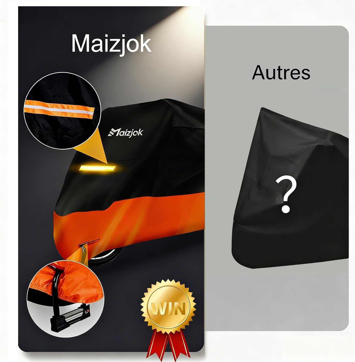 Maizjok® Bache Moto Exterieur Etanche, Housse Moto Impermeable Interieur 210D Protection au Pluie poussière UV Hiver Été, Couverture pour Scooter Mobylette Moto Trail/Street/Scrambler (245x105x125cm)