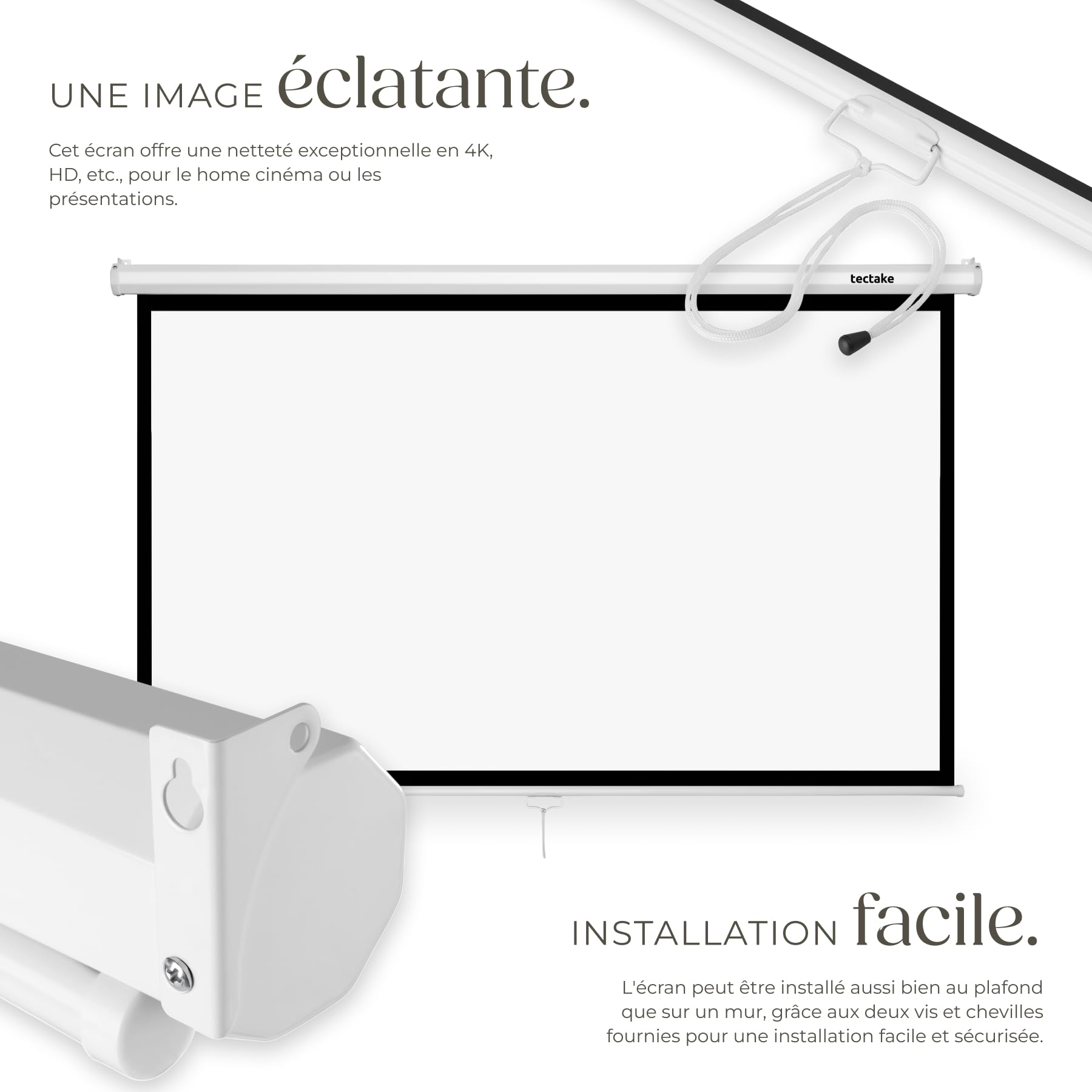 tectake® Écran de Projection pour Mur ou Plafond, 186x105 cm, Ecran videoprojecteur Format 16:9, Toile videoprojecteur 4K, HD, Full HD, Ultra HD, Ecran de Projection Toile projecteur Écran projecteur