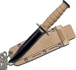 MTech USA MT-632DT Faca tática de pescoço com lâmina fixa, lâmina preta com ranhura de sangue, cabo bronze, 15,24 cm