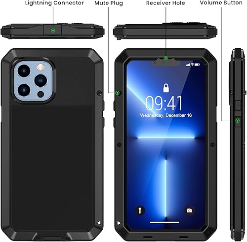 Miniatura 5 de Lanhiem Funda de metal para iPhone 13 Pro Max, resistente a los golpes, con protector de pantalla de vidrio integrado, funda protectora de cuerpo