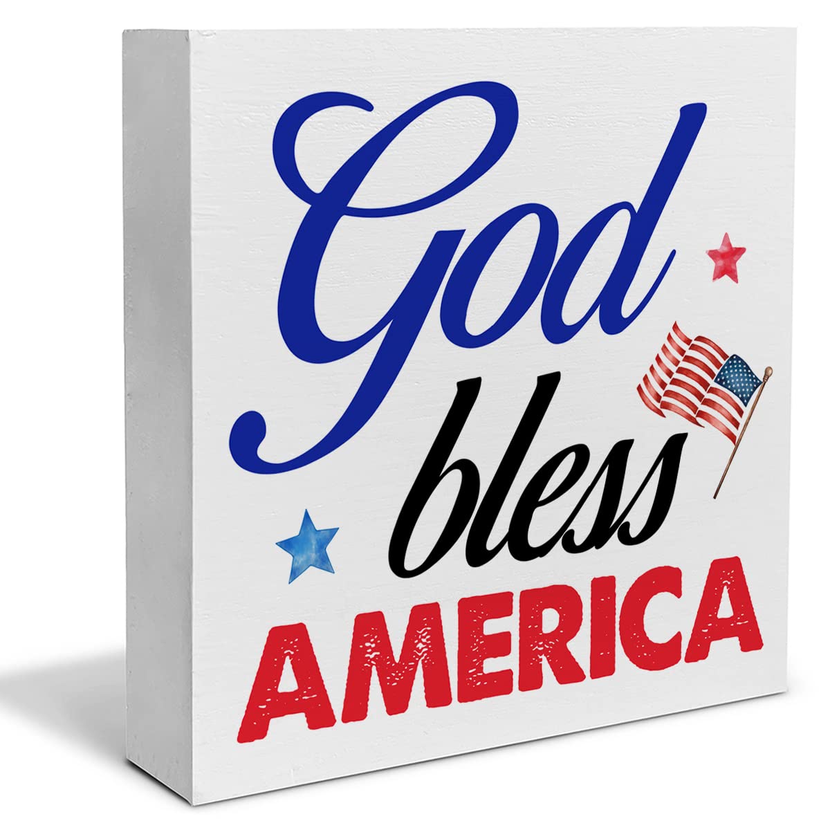 God Bless America Decorative Wooden Box Sign Patriotic 4th of July Wood Block Plaque Decor Rustic Shelf Wall Tabletop Art Farmhouse Home Living Room Desk Sign