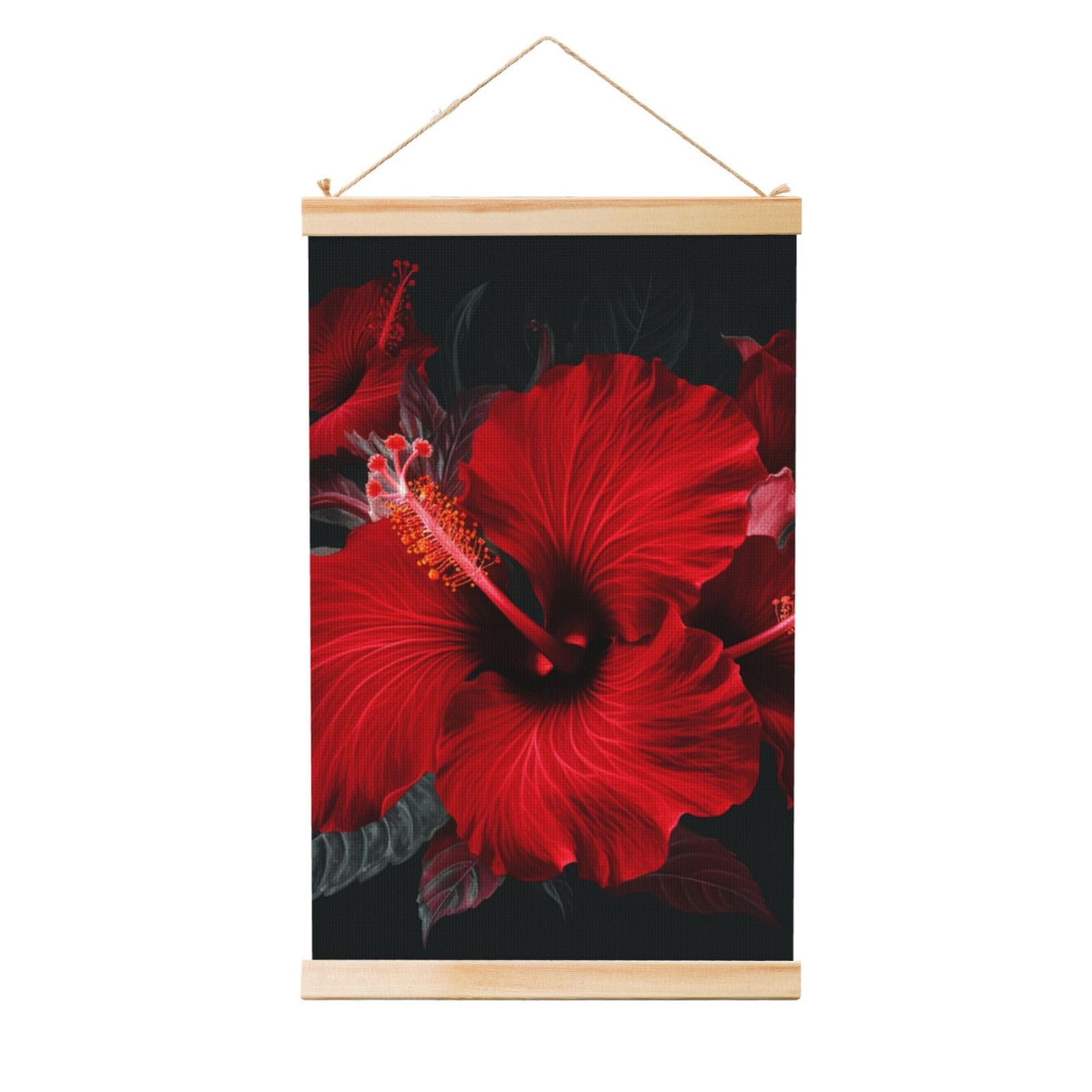 Red Hibiscus Flowers Posters Wooden Shaft Hanging Poster Canvas Prints Scroll Wall Art Painting Vintage Wall Banner Modern Artwork Decor for Home Decor Ready to Hang 12"x18"