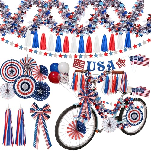 4th of July Bike Decorations Bike Flag Bike Streamers Patriotic Tinsel Garlands Bike Tassels Streamers for Bike Handles Patriotic Bike Decor Bow Balloons USA Banner Red White Blue Bicycle Decor for Independence Day