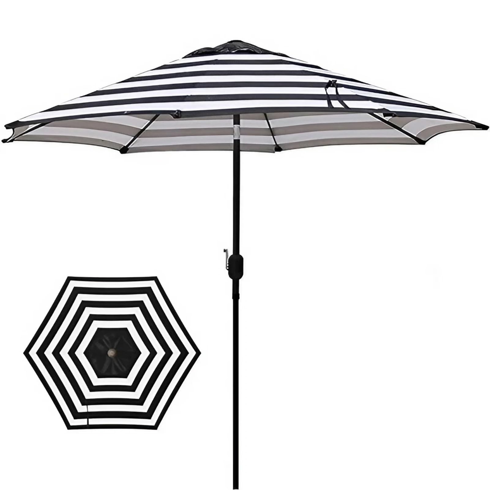 Duży Parasol Ogrodowy 270cm, Odchylany i Korbą, 8 Żeber - Solidny Słup, Parasol Przeciwsłoneczny do Ogrodu, Trawnika, Podwórka i Basenu, Czarny Biały Pasek