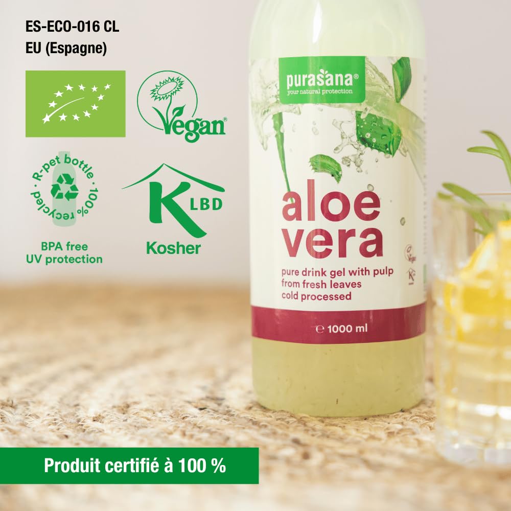 Puro Gel da Bere di Aloe Vera, Aloe biologica 99,3%. Gel estratto  dall'interno della foglia. Polpa fresca. Non pastorizzato, senza acqua  aggiunta. Digestione, sistema immunitario. 1 litro. Purasana : Amazon.it:  Salute e