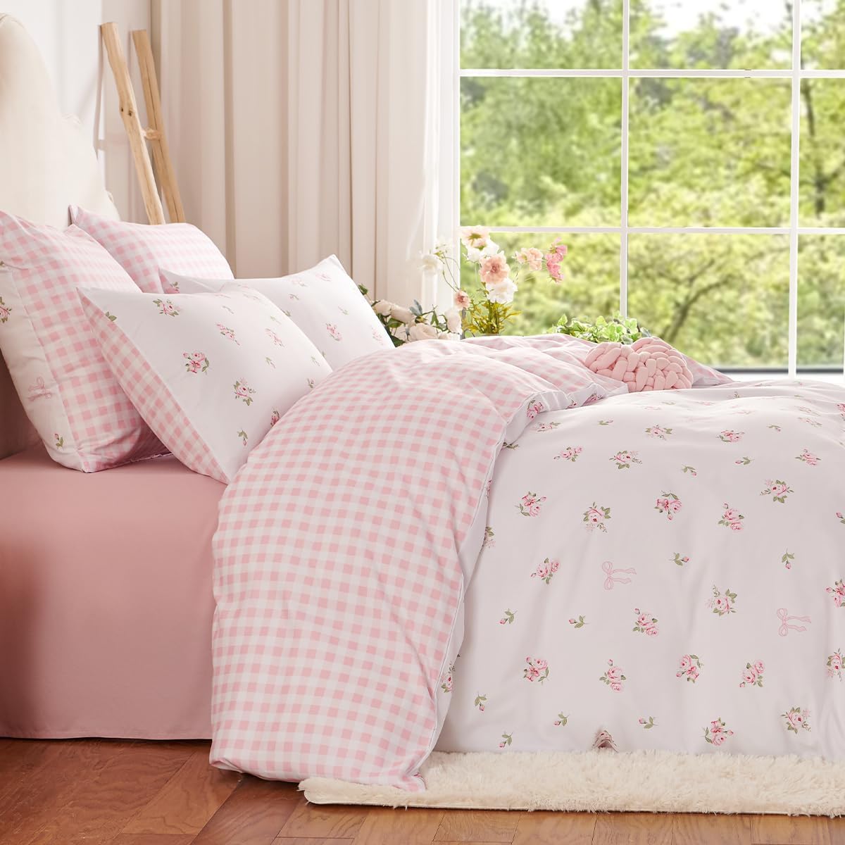 Floral Comforter Set Full Pink Gingham Bedding Set for Girls Kids, Reversible Cute Bow Flower Plaid Design, 100% Microfiber, 1 Coquette Comforter with 2 Pillowcases, 3 Pieces