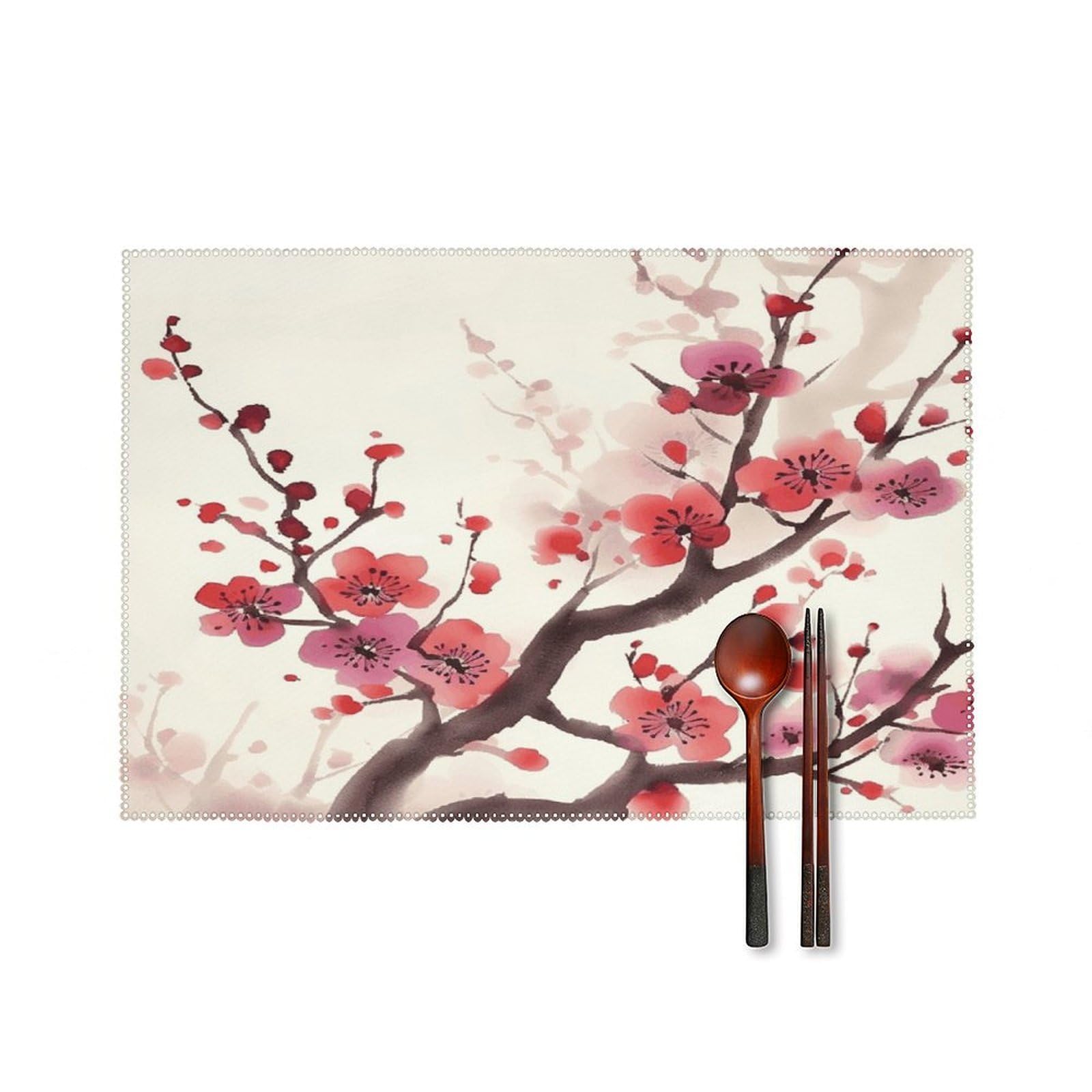 Japanese Spring Plum Floral Placemats Set of 4 Heat Resistant Non-Slip Place Mats for Dining Table Washable Placemat Wipeable Dining Table Mat Canvas Place Mats Dining Table Decor