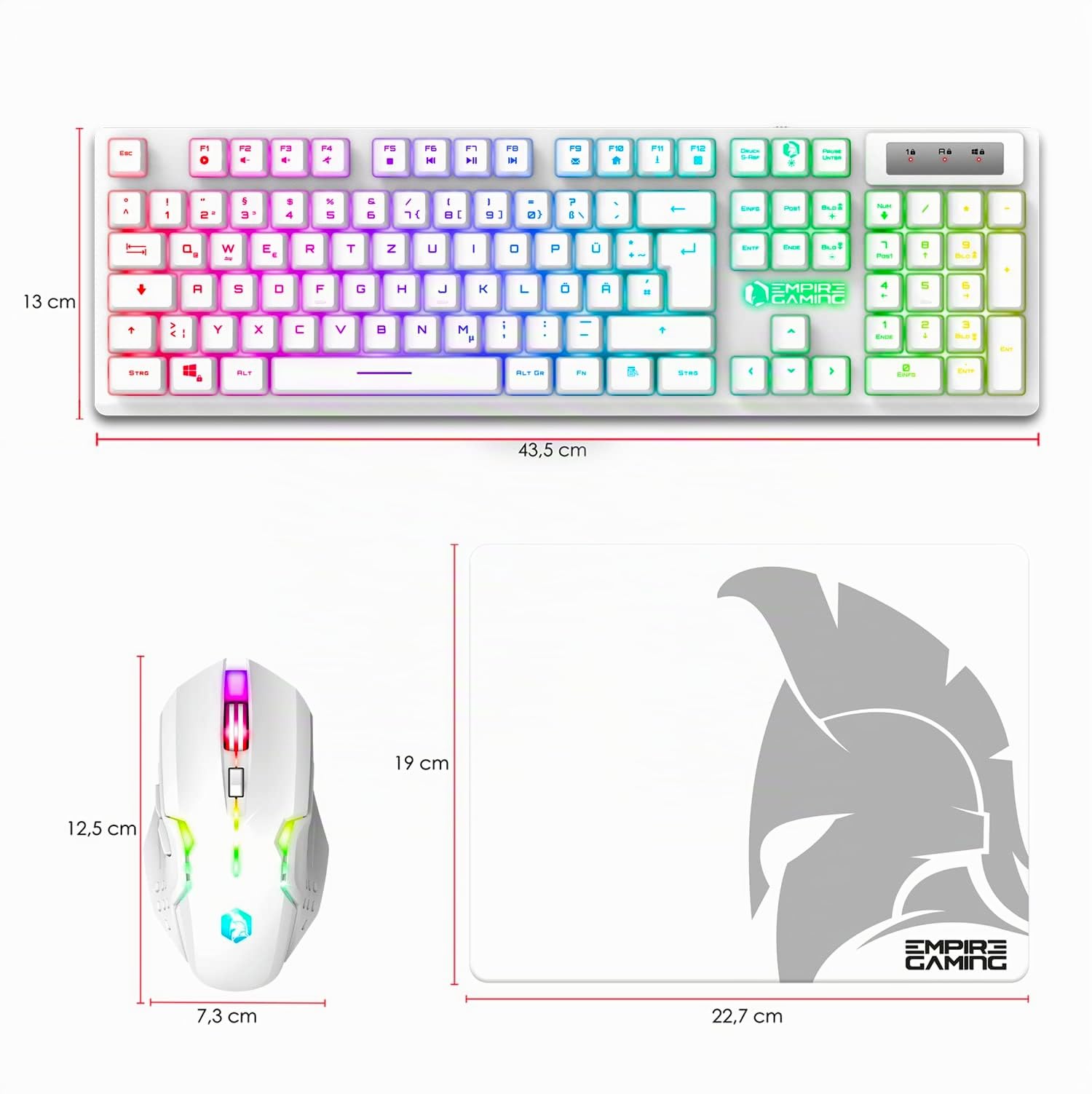 Empire Gaming - Armor RF800 Wireless Wiederaufladbar Gaming Tastatur und Maus QWERTZ ((Deutsche Layout)) Tastatur 2,4 G RGB -Ergonomische Maus 4800 DPI mit Mauspad -PC Playstation Spielekonsolen Mac