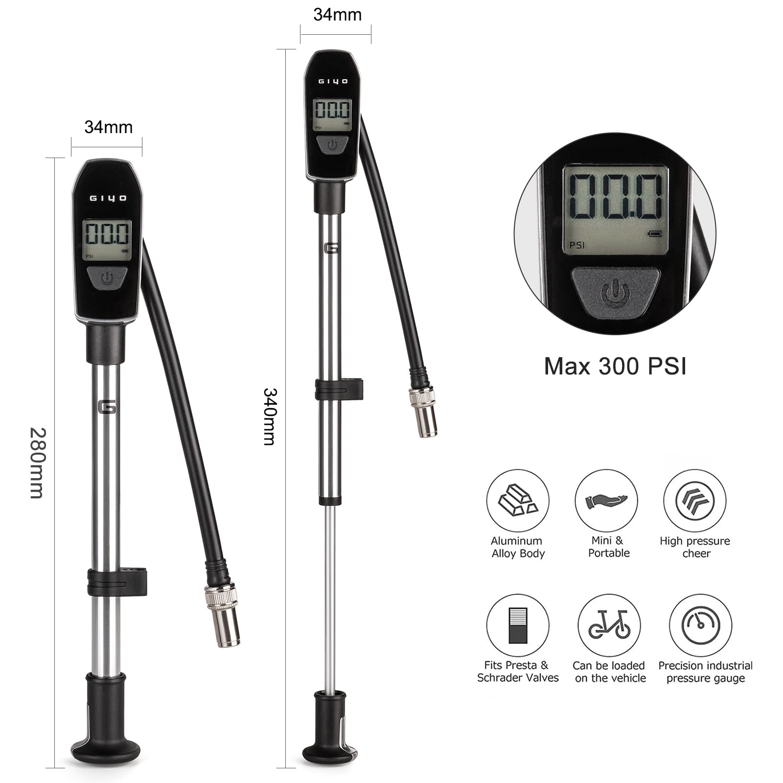CXWXC Pompa per bicicletta con manometro, compatta per mountain bike e e-bike, in alluminio, 300 PSI