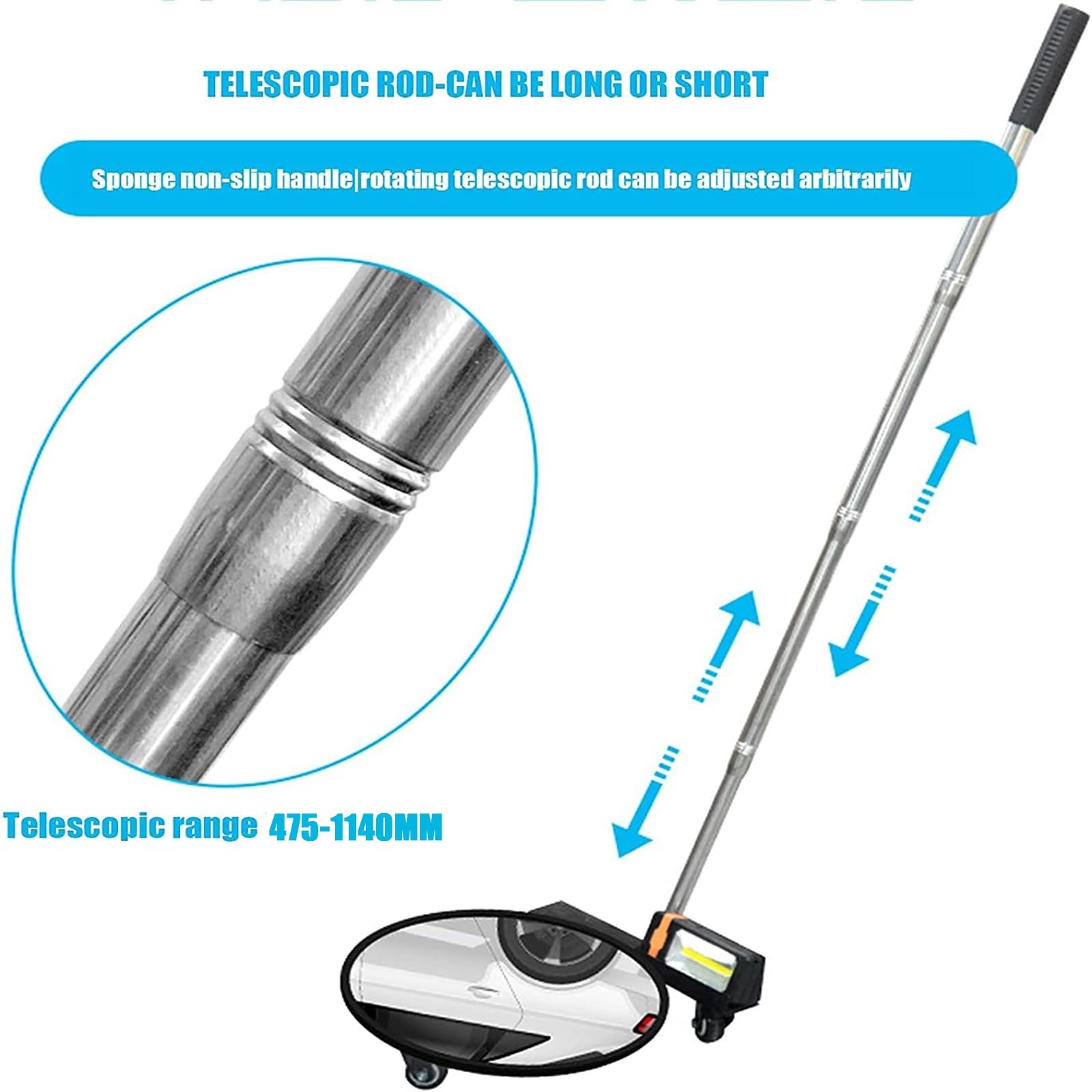 Espejo de inspección Bajos del vehículo, con Mango Ajustable de 50 a 110 cm. Ideal para revisiones de Seguridad, inspección antiterrorista, Cuidado del hogar y en fábricas.