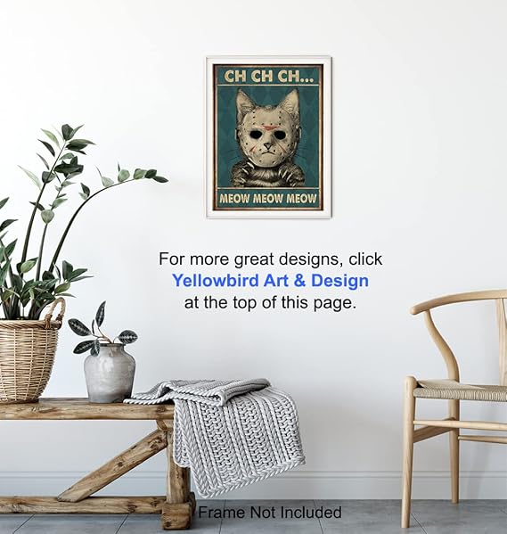 YELLOWBIRD ART & DESIGN Cat Wall Art & Decor - Friday the 13th Wall Art - Halloween - Tabby cat - Jason Horror Movie - Funny Kitty Gifts for Men - Scary Kitten Poster - 8x10 UNFRAMED Print