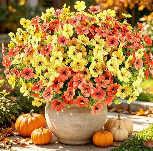 Image of AmyHomie 16 PCS Artificial Fall Flowers for Outdoors, Orange Fake Mums