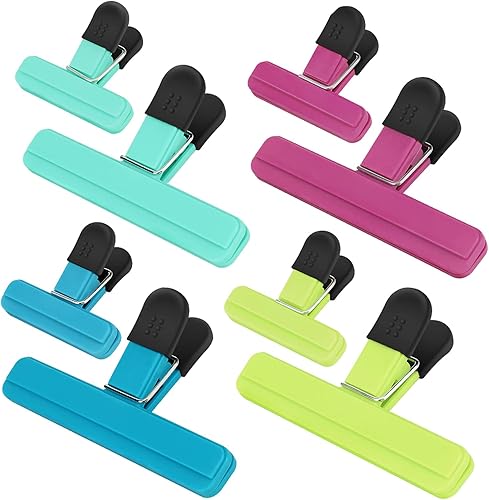 TACGEA Clips para chips, paquete de 8 clips para alimentos, clips amplios abiertos para bolsas para almacenamiento de alimentos con agarre hermético