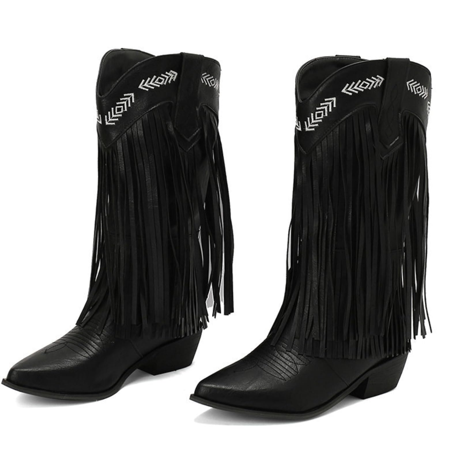 Womens Fashion Pointed Toe Fringe Western Cowboy Boots Stacked Heels Mid Calf Pull On Leather Comfortable Non Slip