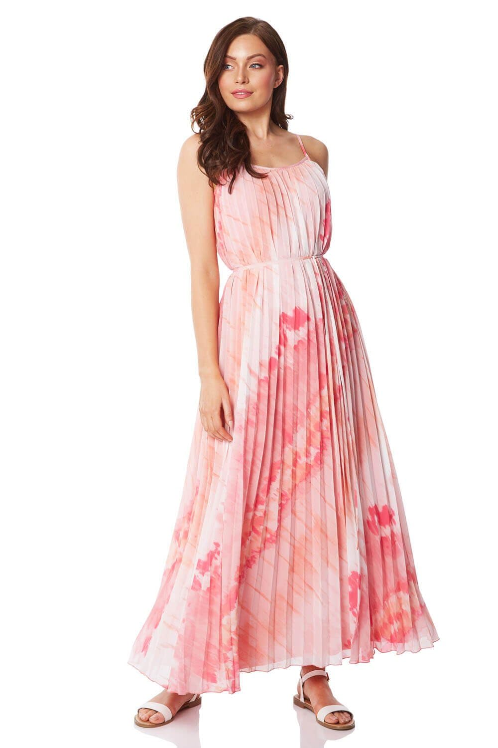 Roman Originals Womens Sleeveless Tie Dye Effect Maxi Dress - Ladies Everyday Smart Casual Work Office Meeting Wedding Guest Comfortable Bohemian Neck Full Length Dresses