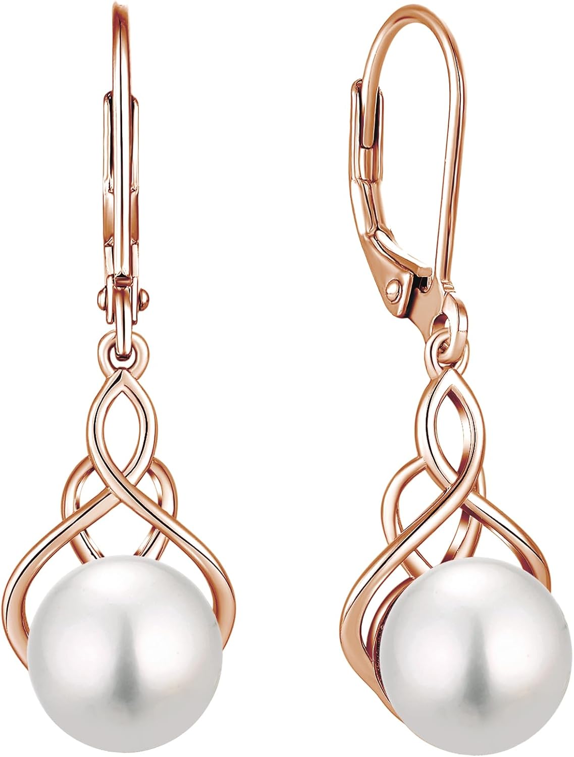 Celtic Knot & Infinity Pearl Earrings for Women - 925 Sterling Silver Dangle Earrings with 9mm Freshwater Pearl, White/Rose/ 14K Gold Plated Jewelry Gifts