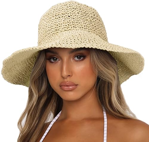 Sombreros de sol para mujer, sombrero de playa de ala ancha para mujer, sombrero de paja plegable para viaje, UPF50+