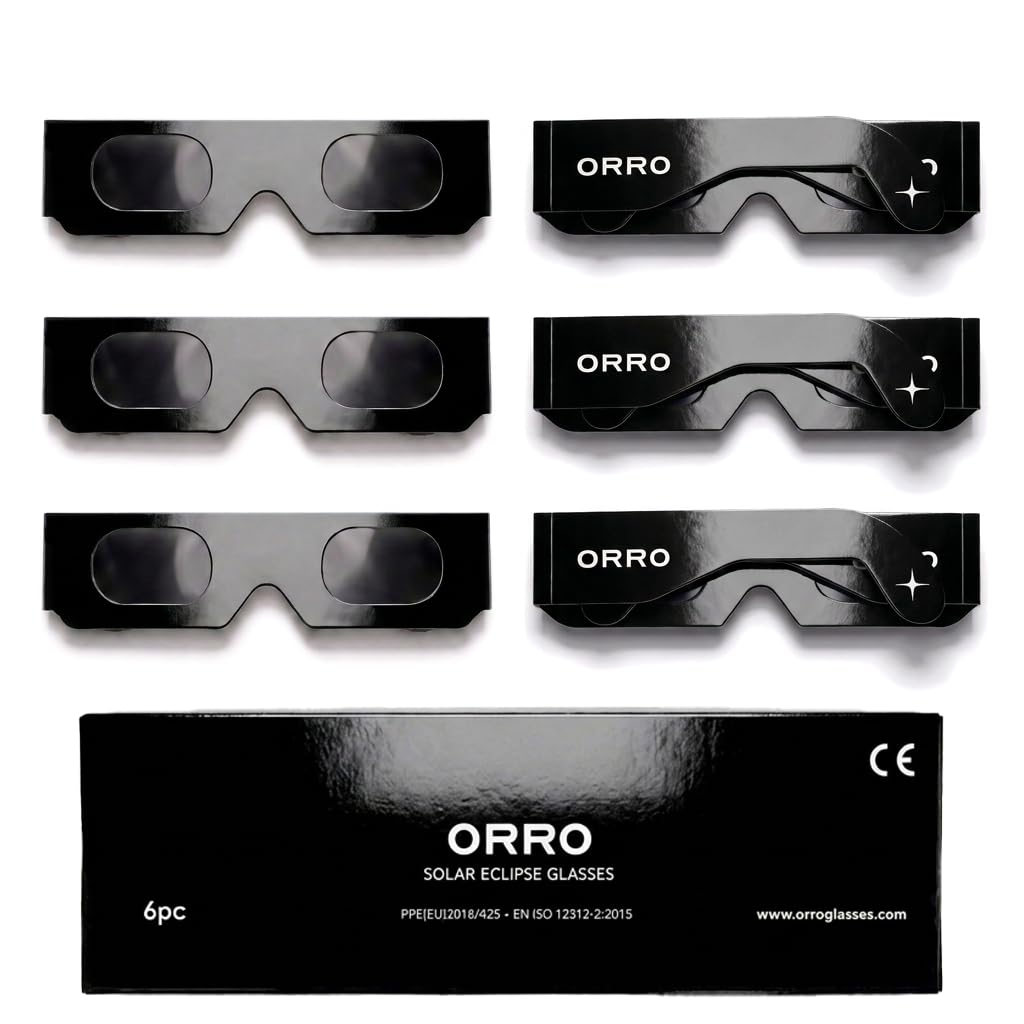 ORRO Gafas para Eclipse Solar de 40 mm, Pack de 2/6/12, Protección Ocular Certificada, Ensayadas según EN ISO 12312-2:2015, Marcado CE para Observación Directa del Sol - Ajuste Moderno