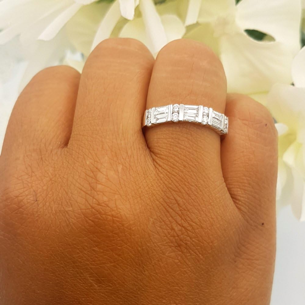 Dazzlingrock Collection 1.00 Ctw Round & Baguette Natural Diamond Women Anniversary Wedding Ring Band, 14K White Real Solid Gold