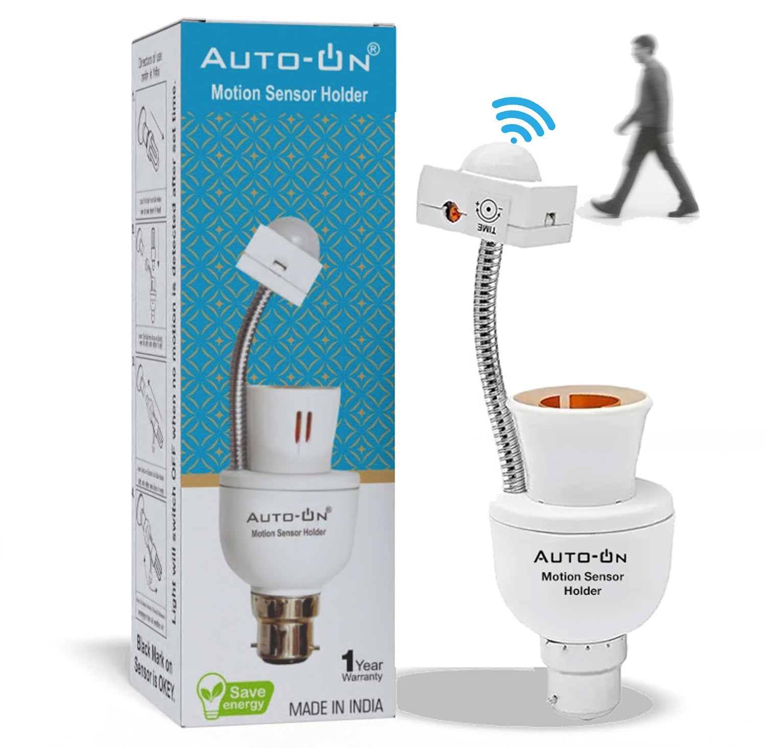 Auto-ON Motion Sensor Bulb Holder (Converts Any Bulb to Automatic) (Electricity Saver) (No Day/Night Sensing) (One Year Waranty)- Pack of 1