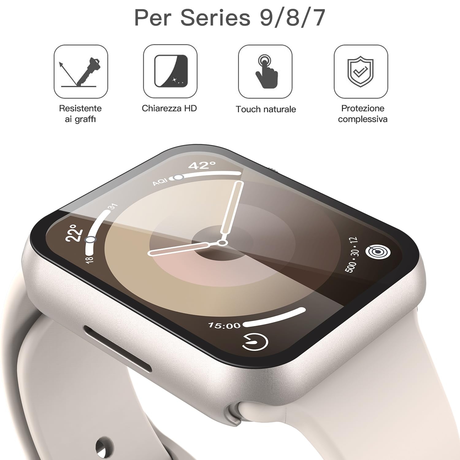 Misxi 2 Pezzi PC Cover Protezione in Vetro Temperato Compatibile con Apple Watch Serie 9 Serie 8 Serie 7 41mm, Custodia Resistente Graffi Leggero per iWatch, 1 Luce Stellare + 1 Trasparente