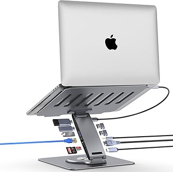 Adjustable Laptop Stand for Desk with Docking Station 11-in-1, Aluminum Laptop Riser with USB Hub 360Swivel Dual Display 4K60Hz HDMI Gigabit Ethernet USB3.0 PD100W for MacBook Pro Air/Dell/HP 7-15.6"