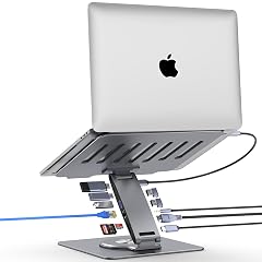 Adjustable Laptop Stand for Desk with Docking Station 11-in-1 Aluminum Laptop Riser with USB Hub 360 Swivel Dual