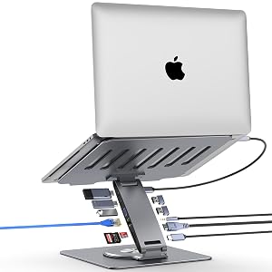 Adjustable Laptop Stand for Desk with Docking Station 11-in-1 Aluminum Laptop Riser with USB Hub 360 Swivel Dual