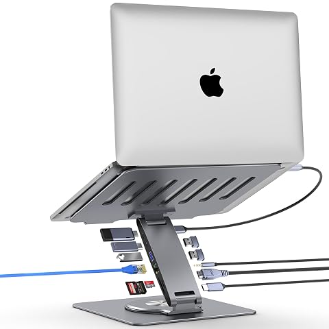 Adjustable Laptop Stand for Desk with Docking Station 11-in-1 Aluminum Laptop Riser with USB Hub 360 Swivel Dual