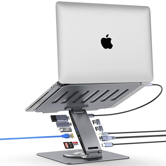 Adjustable Laptop Stand for Desk with Docking Station 11-in-1 Aluminum Laptop Riser with USB Hub 360 Swivel Dual