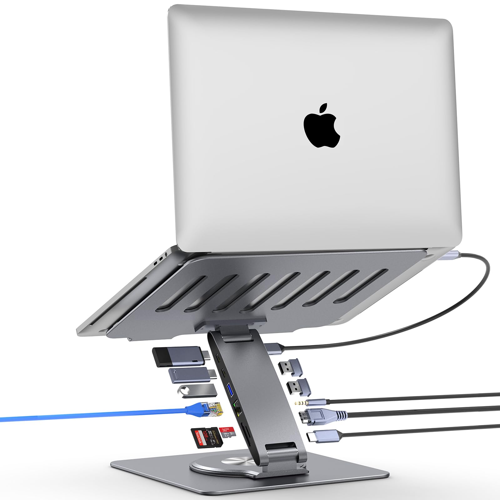 Adjustable Laptop Stand for Desk with Docking Station 11-in-1 Aluminum Laptop Riser with USB Hub 360 Swivel Dual
