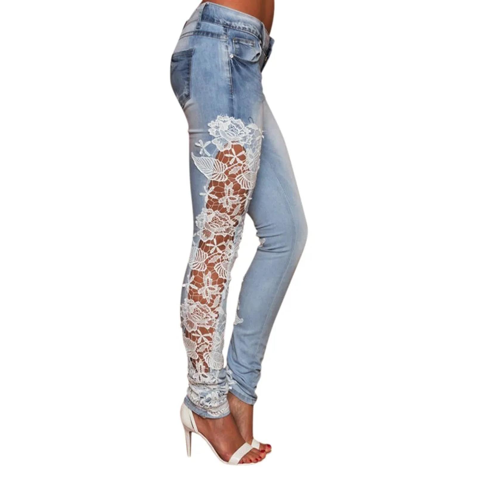 Jeans Pantalon Jeanshosen Denim Damen Jeans Spitze Hohl Aus Applikationen Transport Match Floral Mode Jeans Push Up Leggings Kleidung