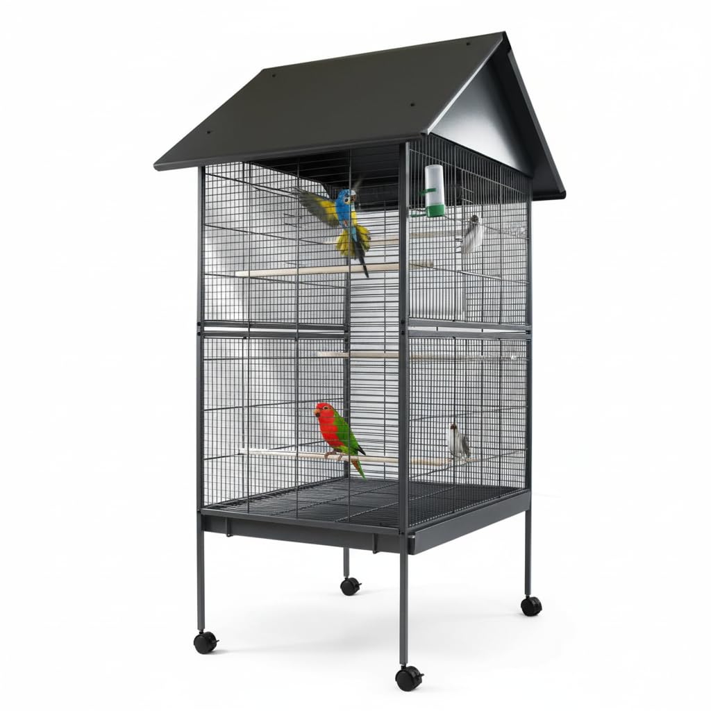 Melko Vogelvoliere Vogelkäfig groß 80x76x165 cm Metall mit Rollen Schwarz | Gitterabstand 1 cm, inkl. Näpfe, Holzsitzstangen und Leiter, Auffangschürze für saubere Böden, für Sittiche und Papageien