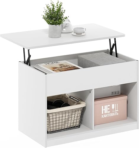 Miniatura 4 de Furinno Jensen - Mesa auxiliar elevable para sala de estar con compartimento oculto, color blanco sólido