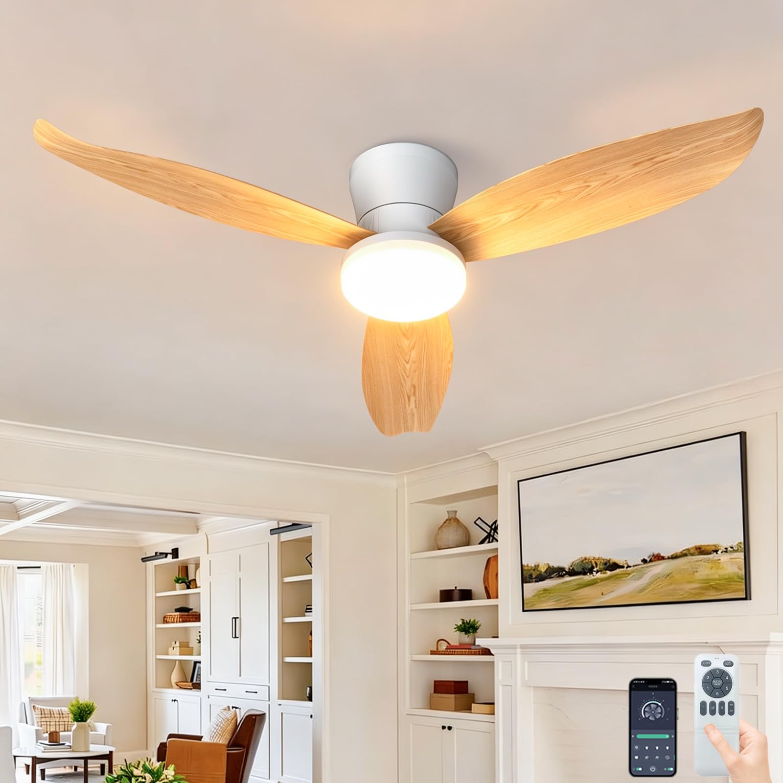 Fachae Imitation Wood Fan Light Ceiling for Bedroom Living Room Kitchen 42in,48W LED Dimmable Fan Lamp with Remote & APP,3000K-6000K,6 Speeds & Timers,Detachable Compact Ceiling Fan Light with Remote