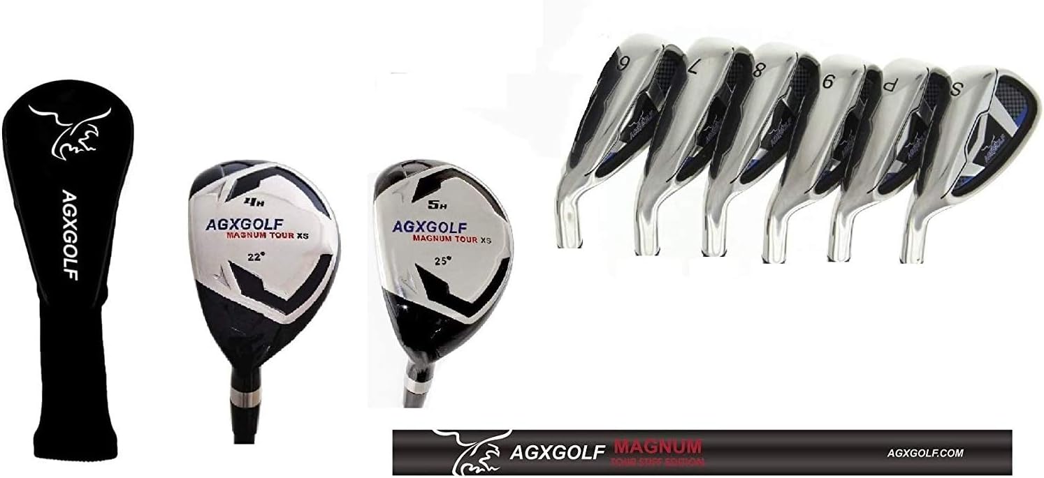 Men's Left Hand XS Tour Magnum Irons Set w/ # 4 & 5 Hybrids + Wide Sole 6, 7, 8 & 9 Irons, Pitching Wedge + Bonus Sand Wedge; Cadet Regular or Tall Length, Choose Flex: USA Bilt