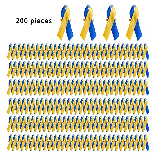 Image of 200 Pieces Satin Down Syndrome Awareness Ribbon with Safety Pins Blue & Yellow Ribbons 1.4 x 3 inch