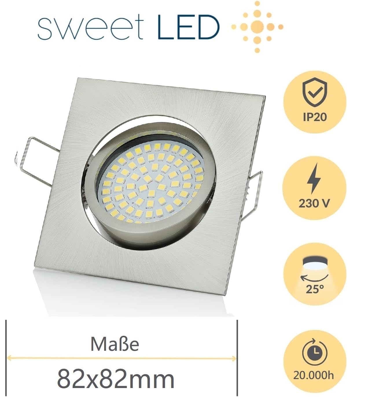 Sweet Led Einbaustrahler 230V Eckig – 3.5W Ultra Flach - LED Spots Warmweiß schwenkbar Deckenspots chrom gebürstet 6er Set